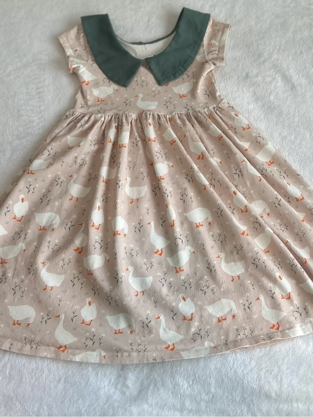 Girls Taupe Goose-Print Dress with Green Peter Pan Collar